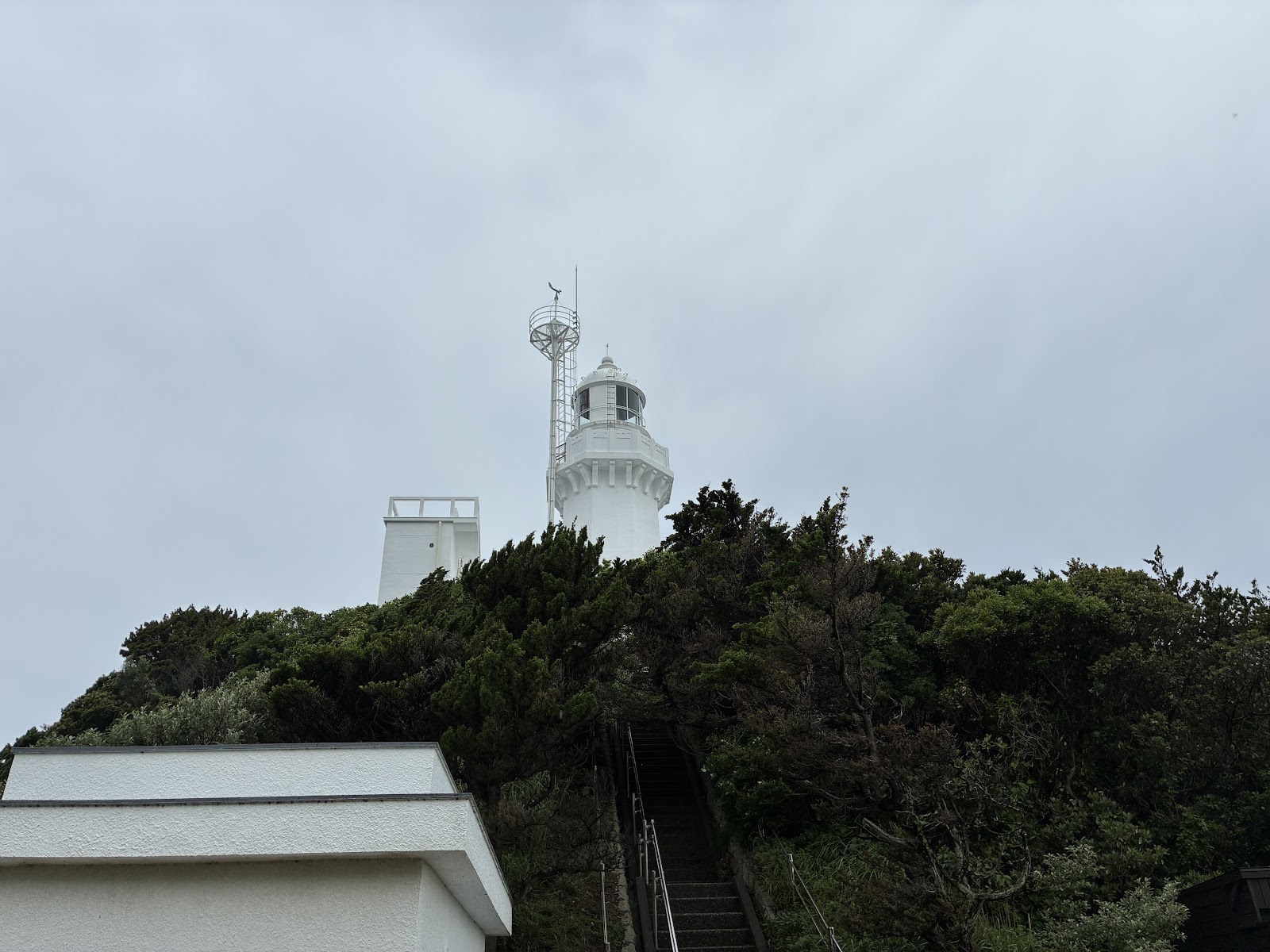 木立の向こうに白い灯台の頭が見える