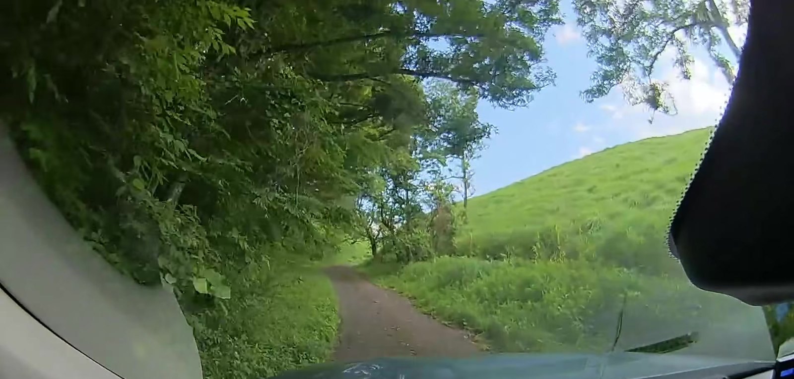 林を抜けて、青空と草の斜面が見えてきたところ