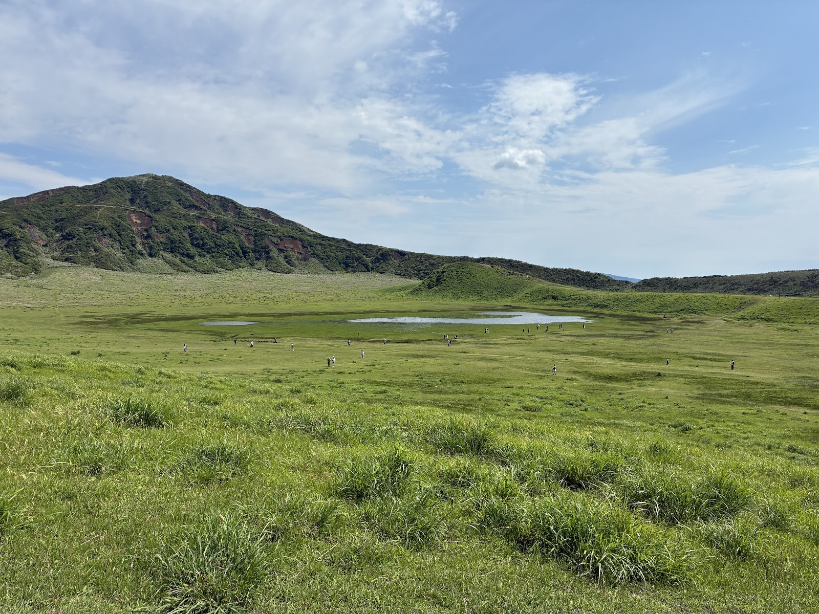 草千里ヶ浜の草原と池、奥に阿蘇の外輪山