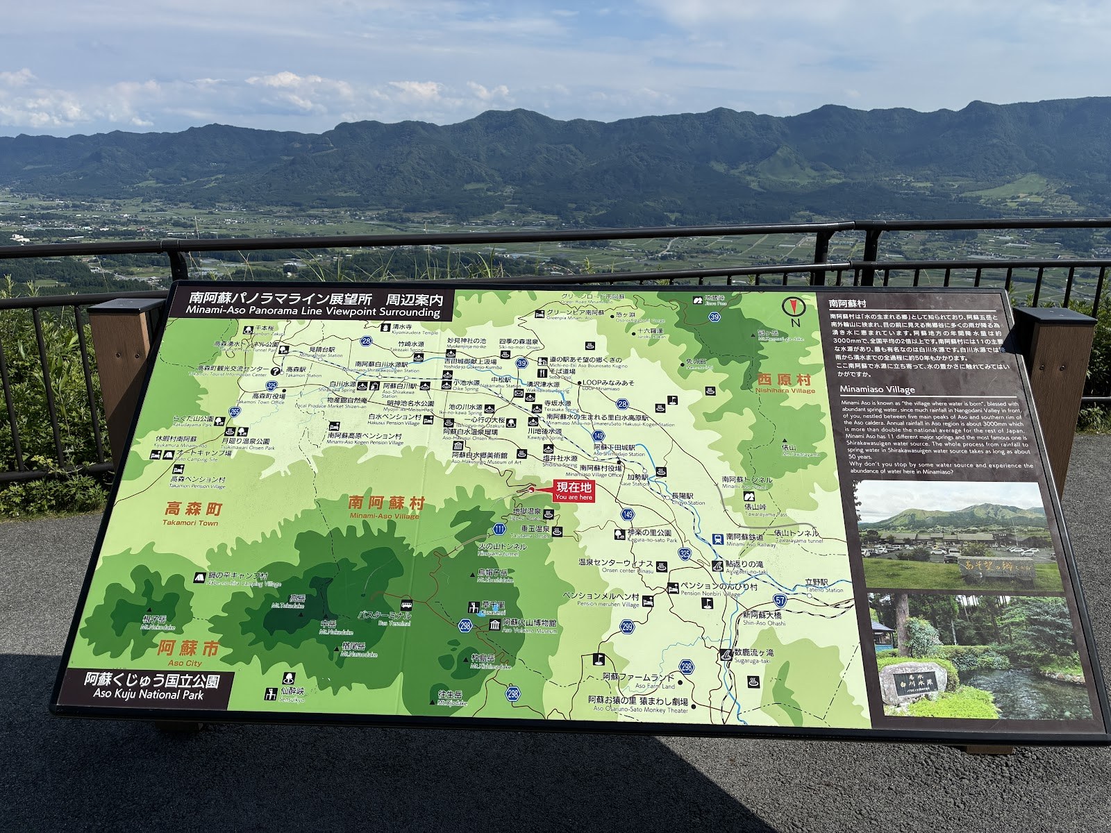 南阿蘇パノラマライン展望所の案内図と、南阿蘇の眺め