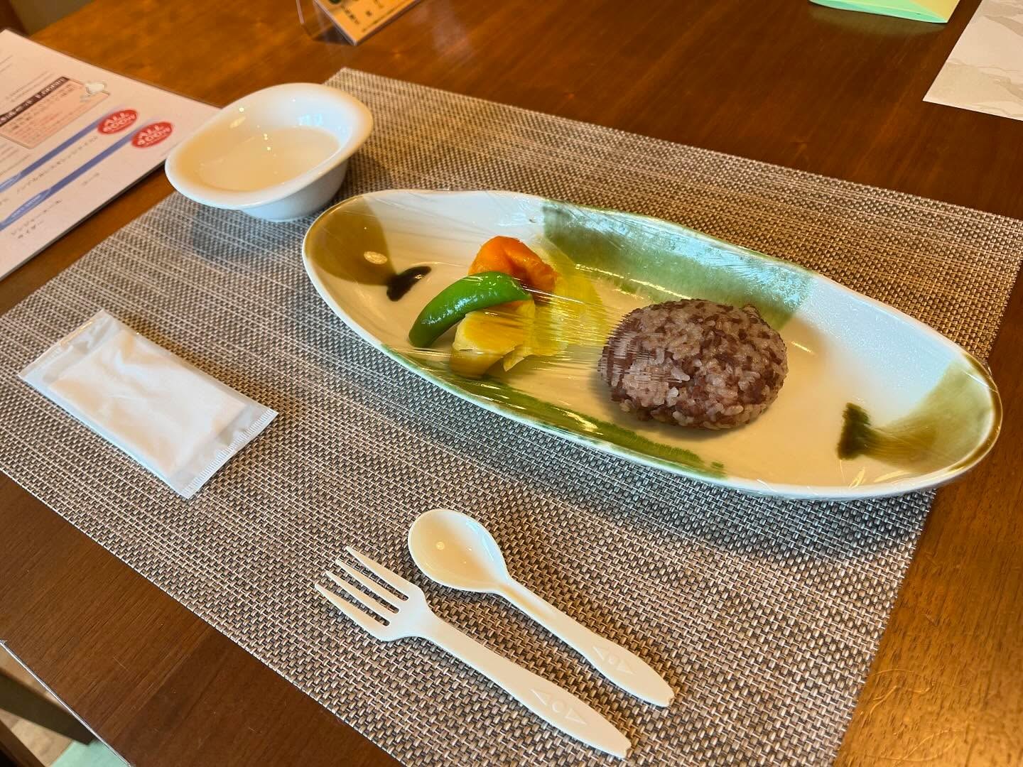 細長い皿に盛られたハンバーグと付け合わせの野菜。犬用の夕食