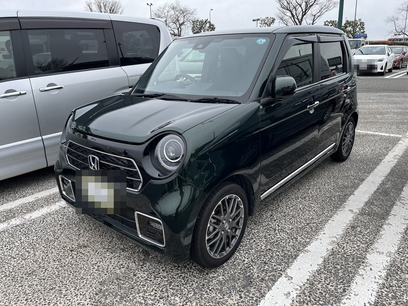 駐車場に停めた深い緑色のホンダN-ONE