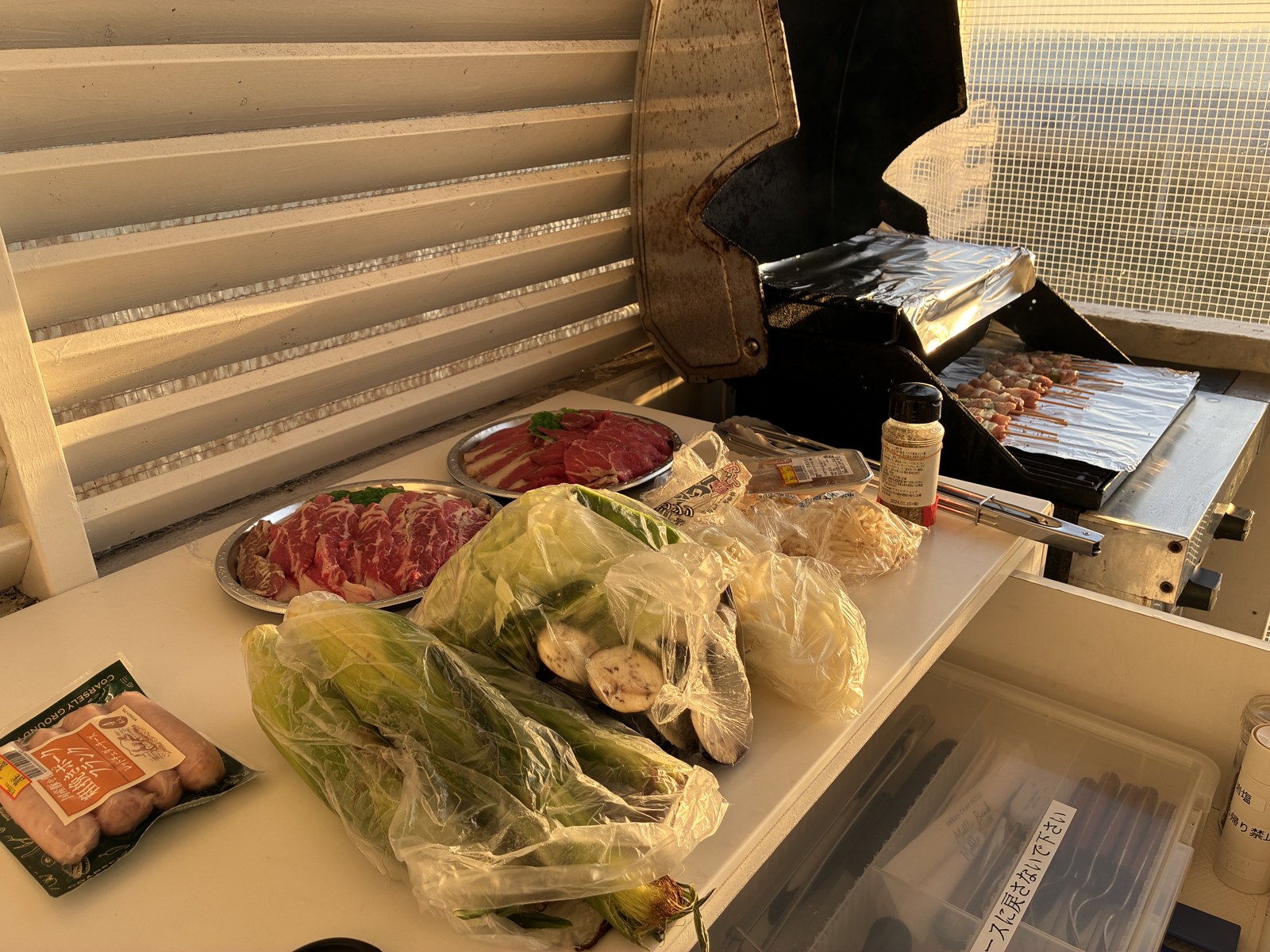 買い出してきたBBQの食材。牛肉2皿と野菜、ソーセージ