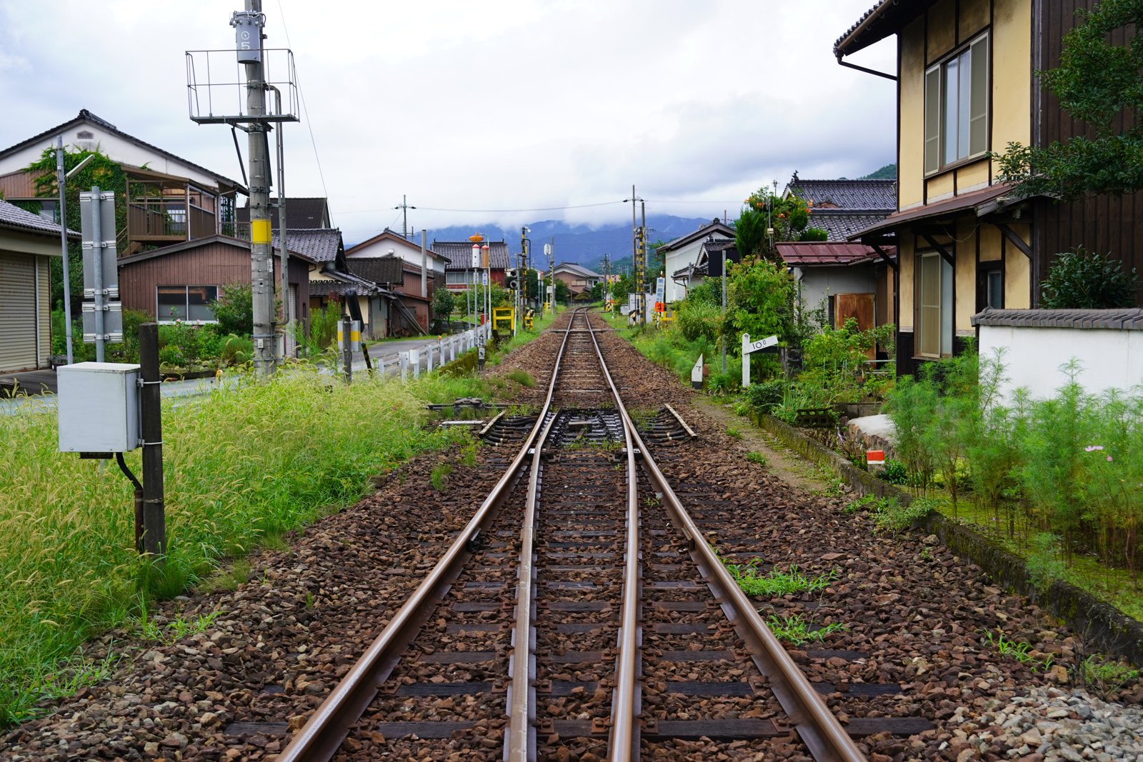 竹田の町並みと線路。踏切のあたり