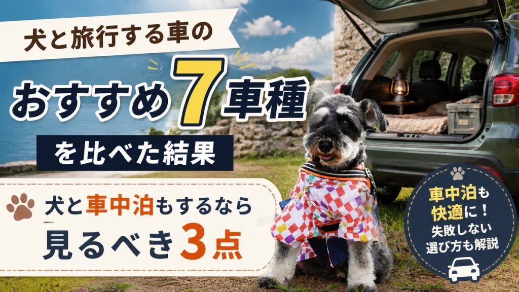 犬と旅行する車のおすすめ7車種を比べた結果。荷室を開けたSUVの前に座るミニチュアシュナウザー